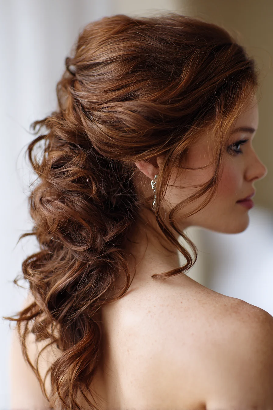 Romantic Textured Low Ponytail with Loose Curls and Face‑Framing Tendrils