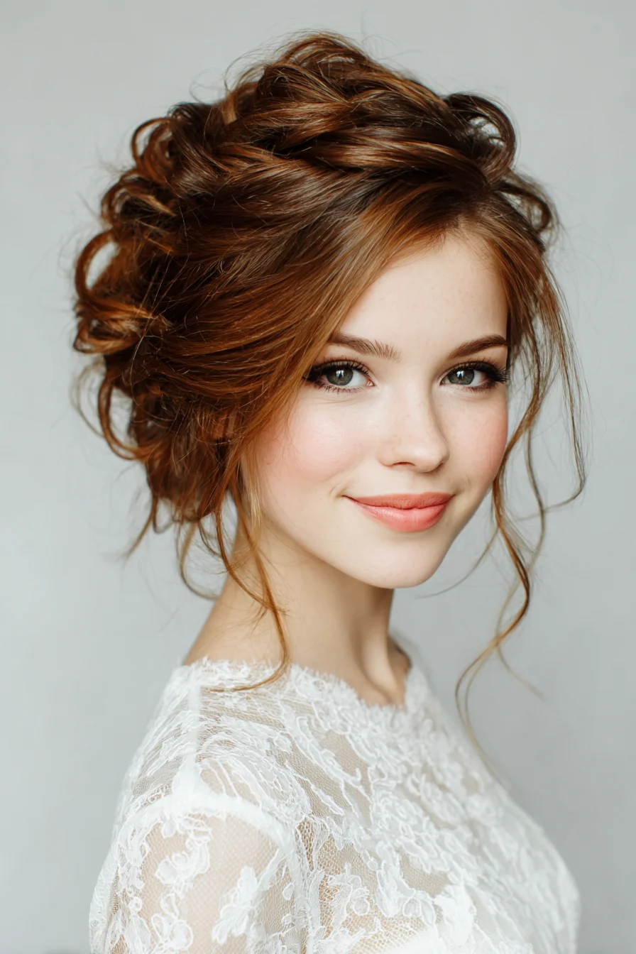 Romantic Textured Messy Updo with Face‑Framing Tendrils