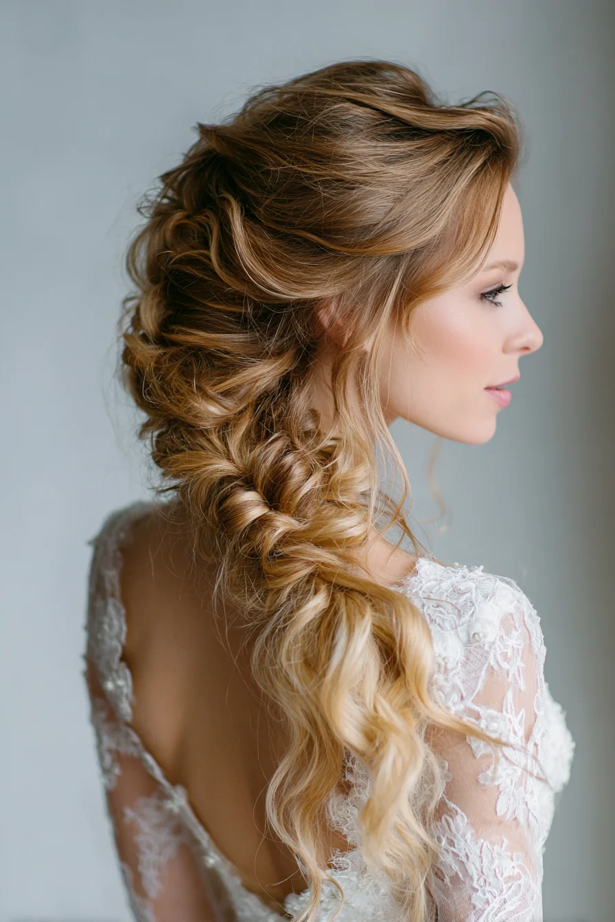 Romantic Textured Side Fishtail Braid with Soft Waves (Bridal Look)