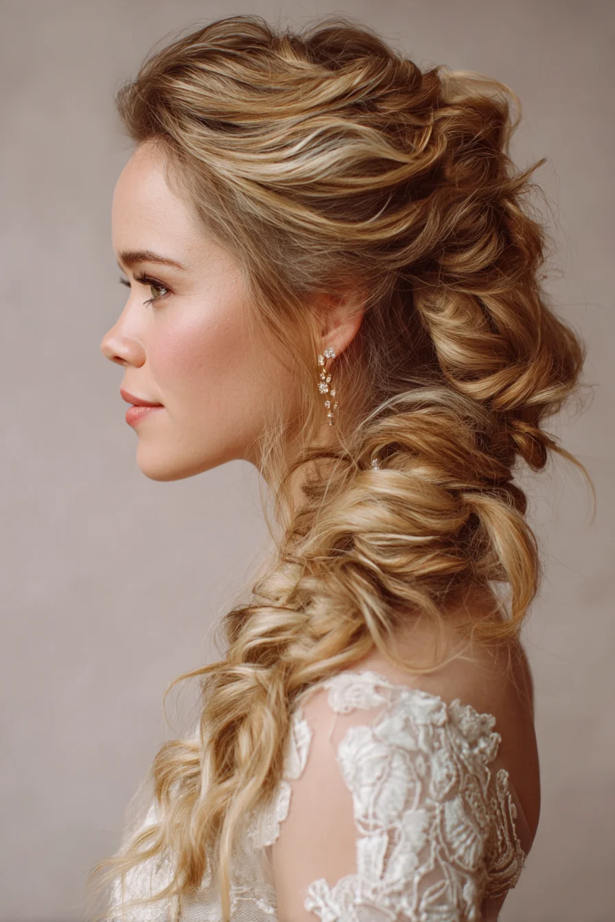 Romantic Textured Side Fishtail Braid with Voluminous Waves