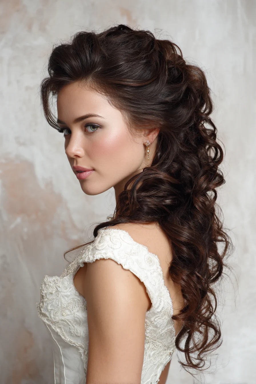 Romantic Voluminous Half-Up Curly Bridal Hairstyle for Long Hair