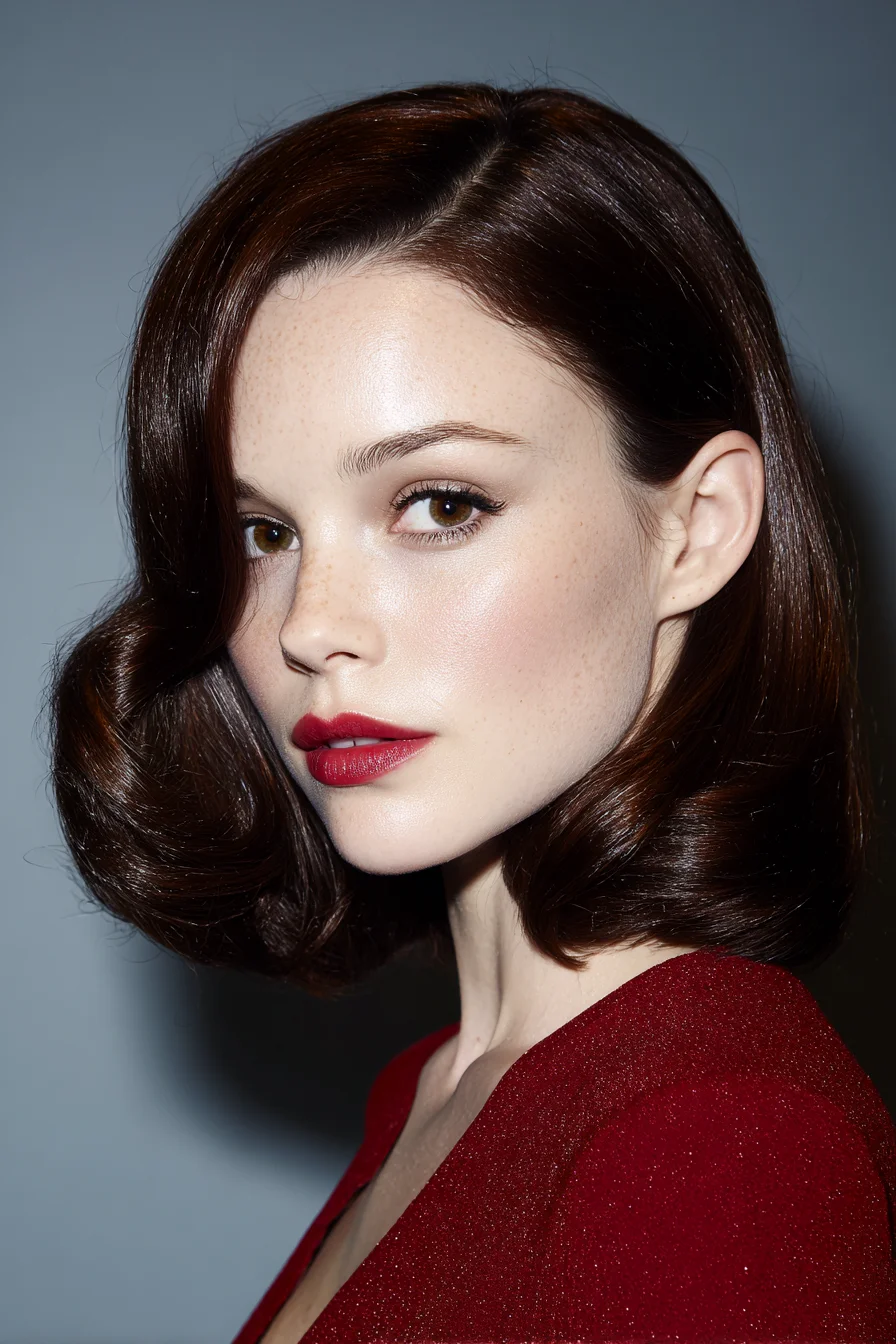 Sculpted Vintage Bob with Deep Side Part and Glossy Inward Waves