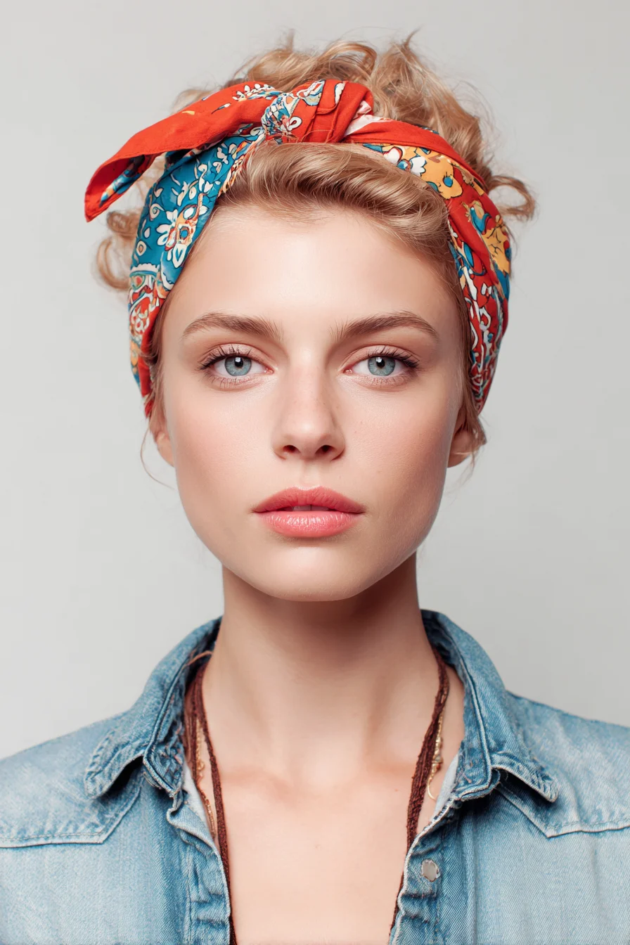 Short Curly Updo with Boho Headscarf Wrap (Bandana Turban Style)