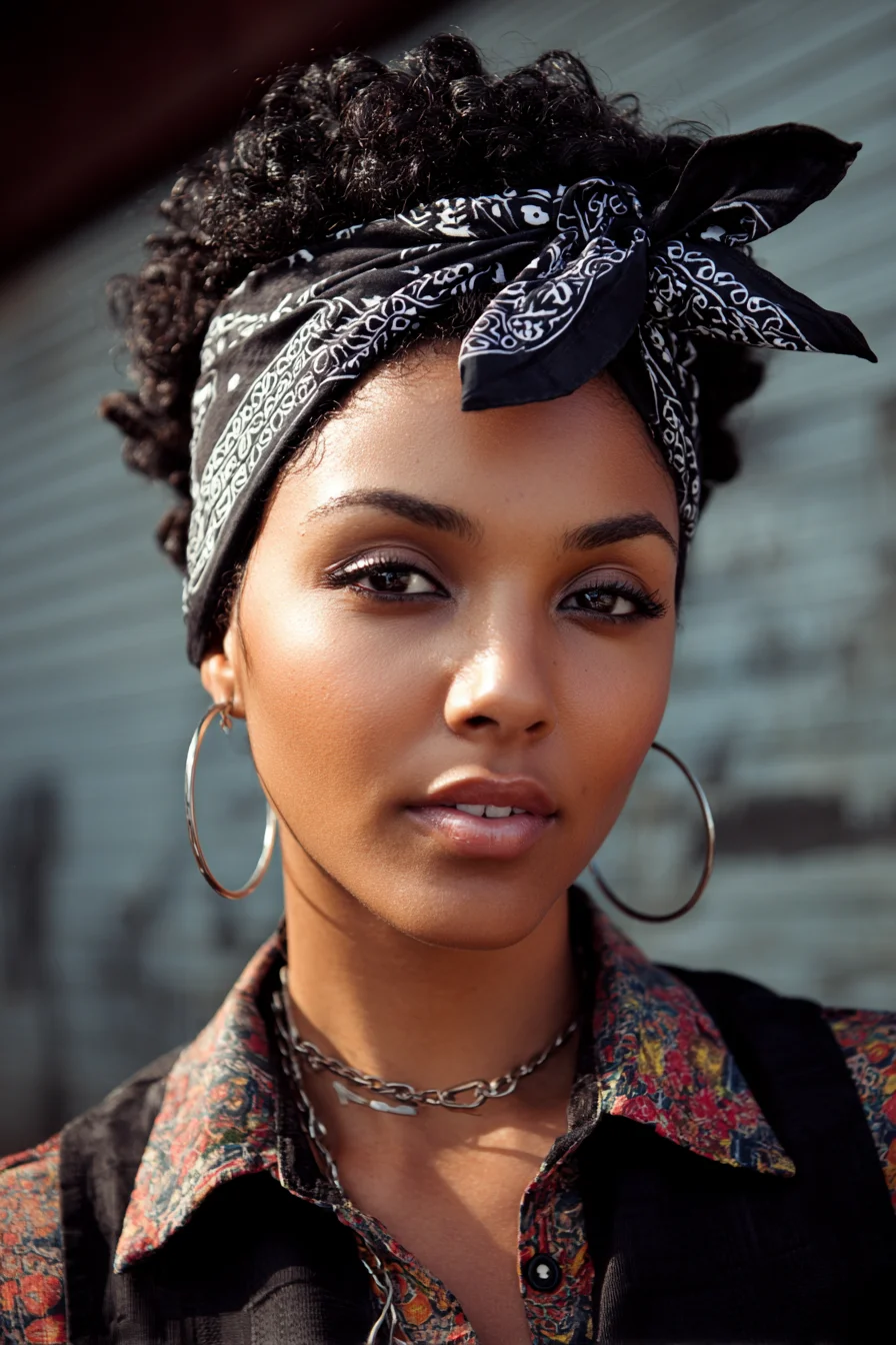 Short Natural Curly Taper with Bandana Headwrap