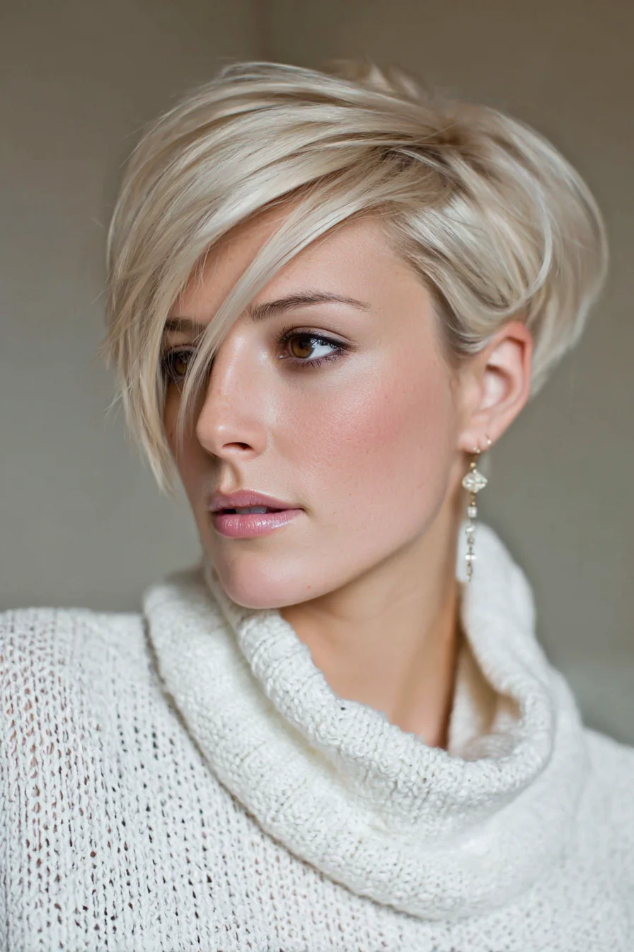 Short Textured Asymmetrical Pixie with Long Side‑Swept Fringe