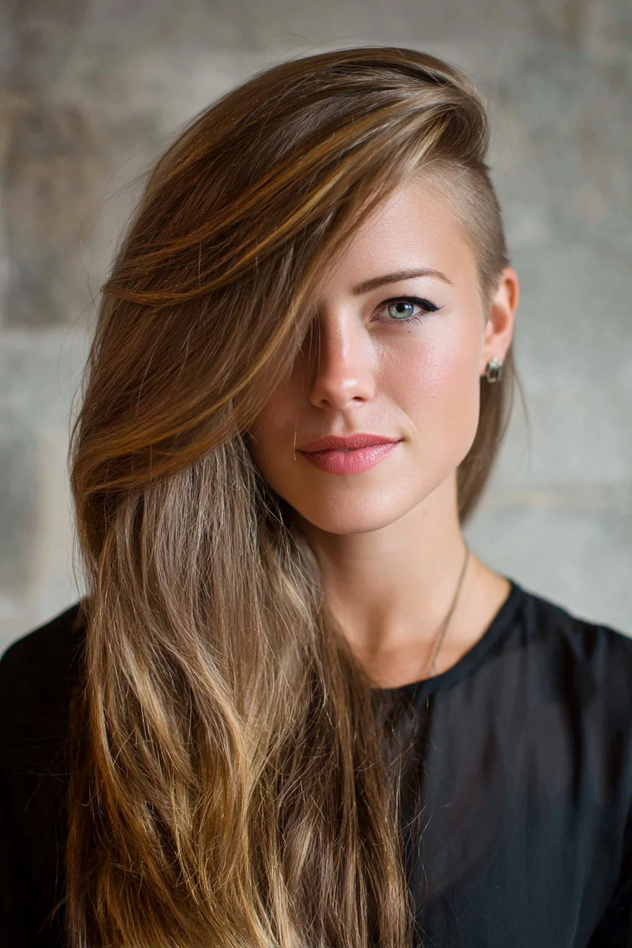 Side-Swept Long Layers with Undercut and Subtle Balayage