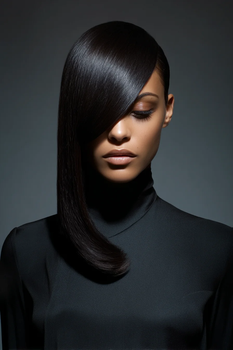 Sleek Asymmetrical Long Bob with Deep Side Sweep — Glossy Straight Finish
