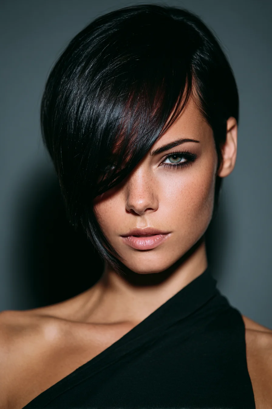 Sleek Asymmetrical Pixie-Bob with Long Side-Swept Fringe