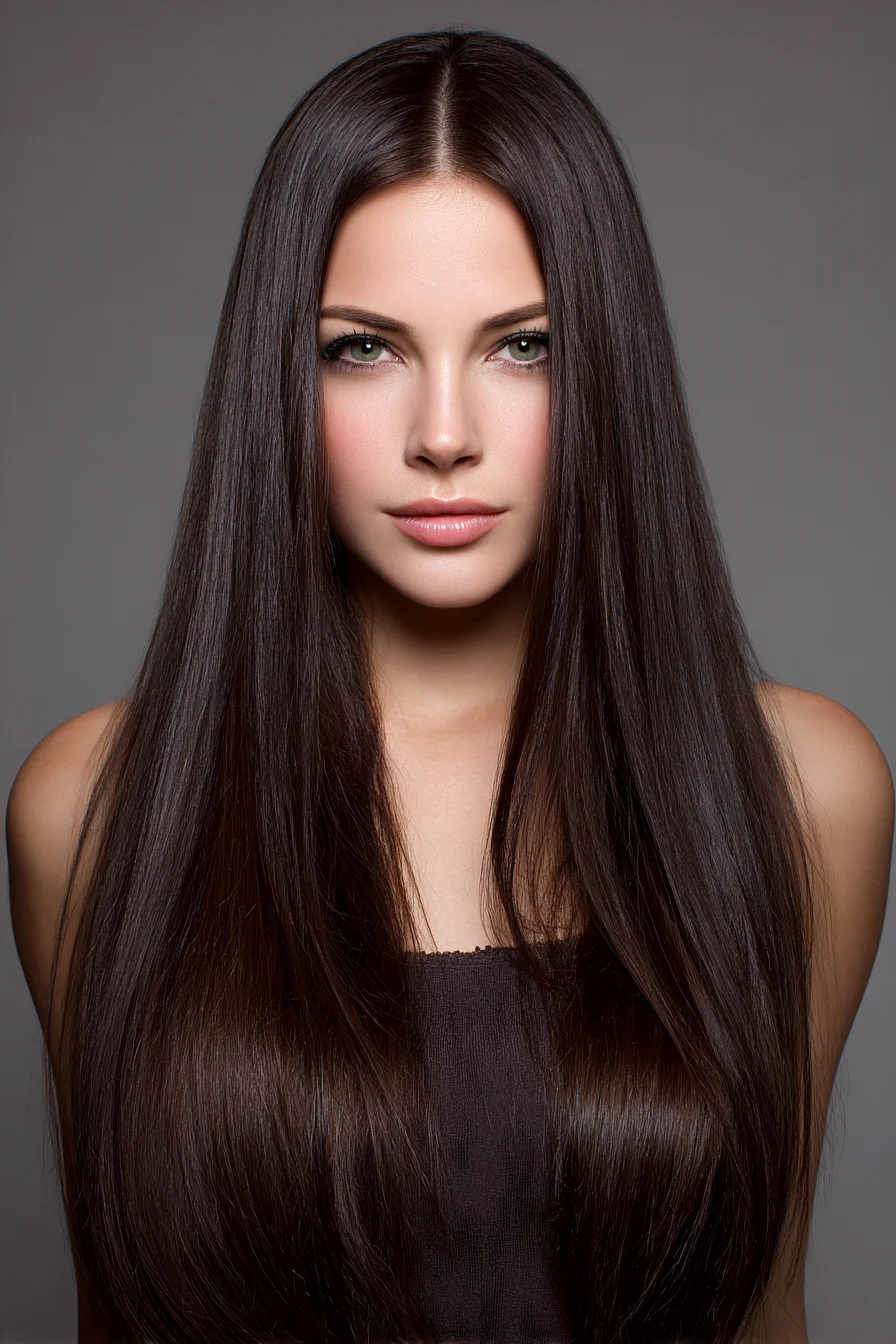 Sleek Center-Parted Long Straight Hair — Glossy Dark Brown