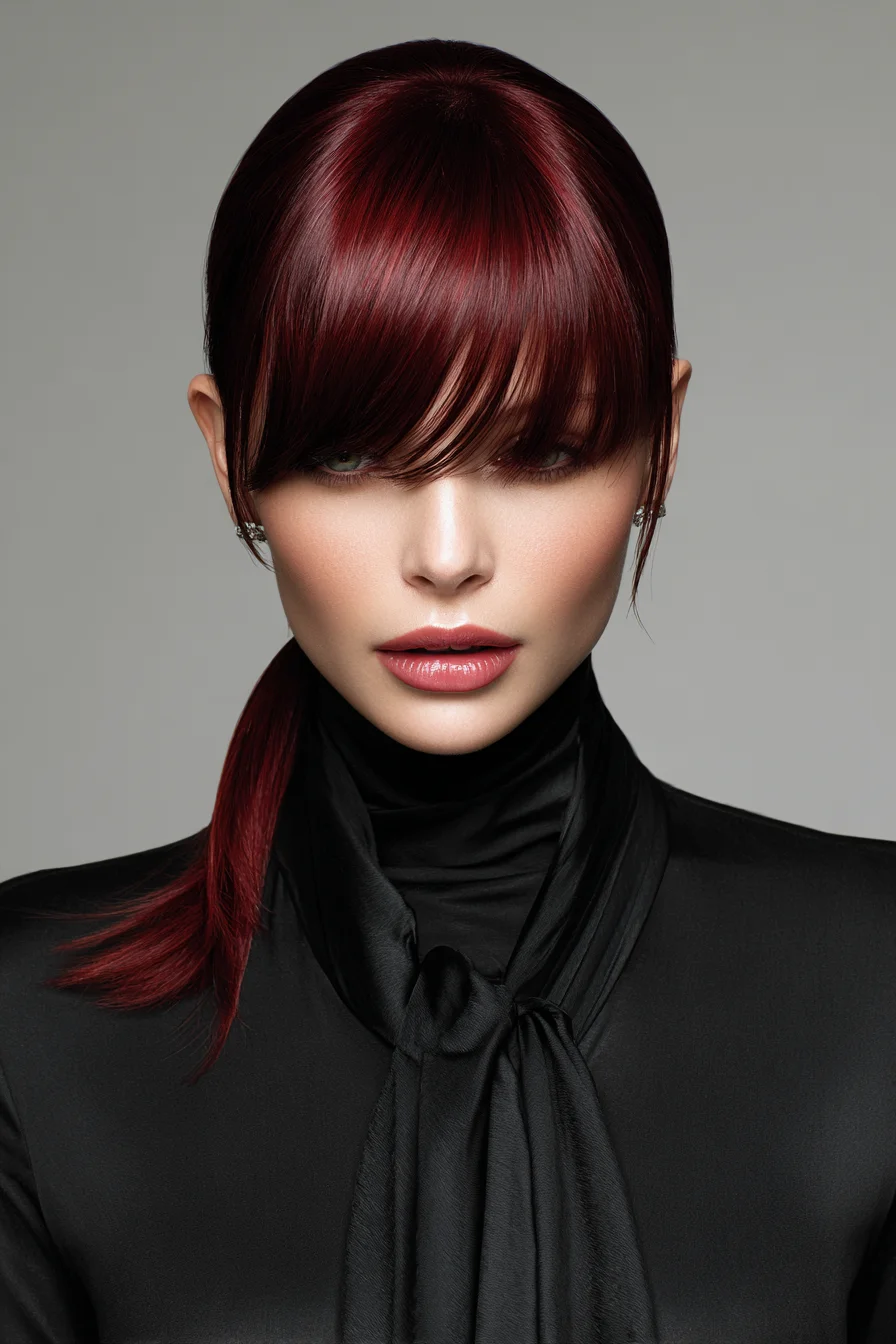 Sleek Deep Burgundy Fringe with Low Side Ponytail
