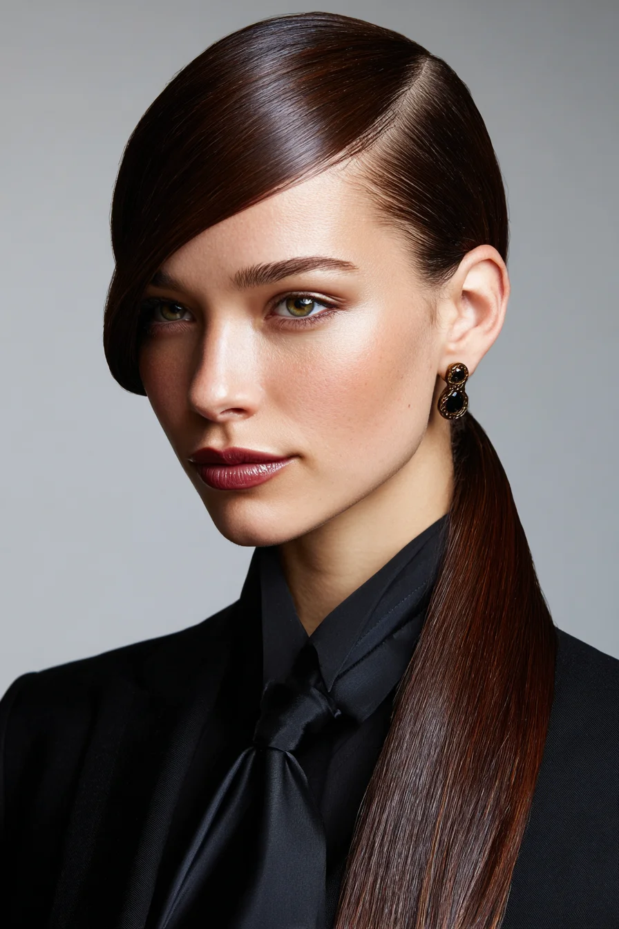 Sleek Deep Side-Part Low Ponytail with Draped Fringe