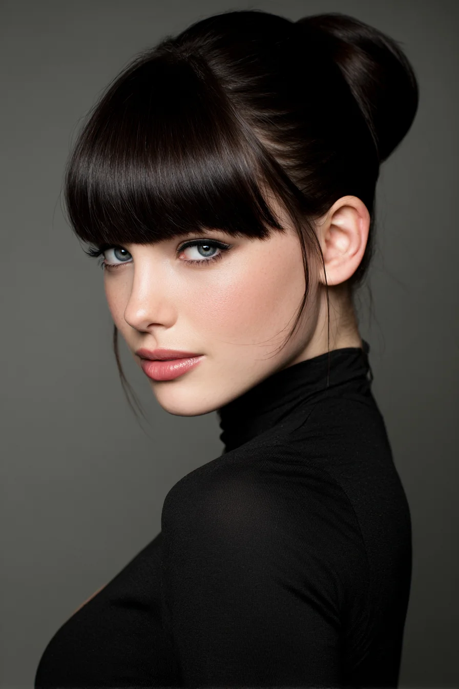 Sleek High Bun with Blunt Fringe — Clean Updo for Straight to Wavy Hair