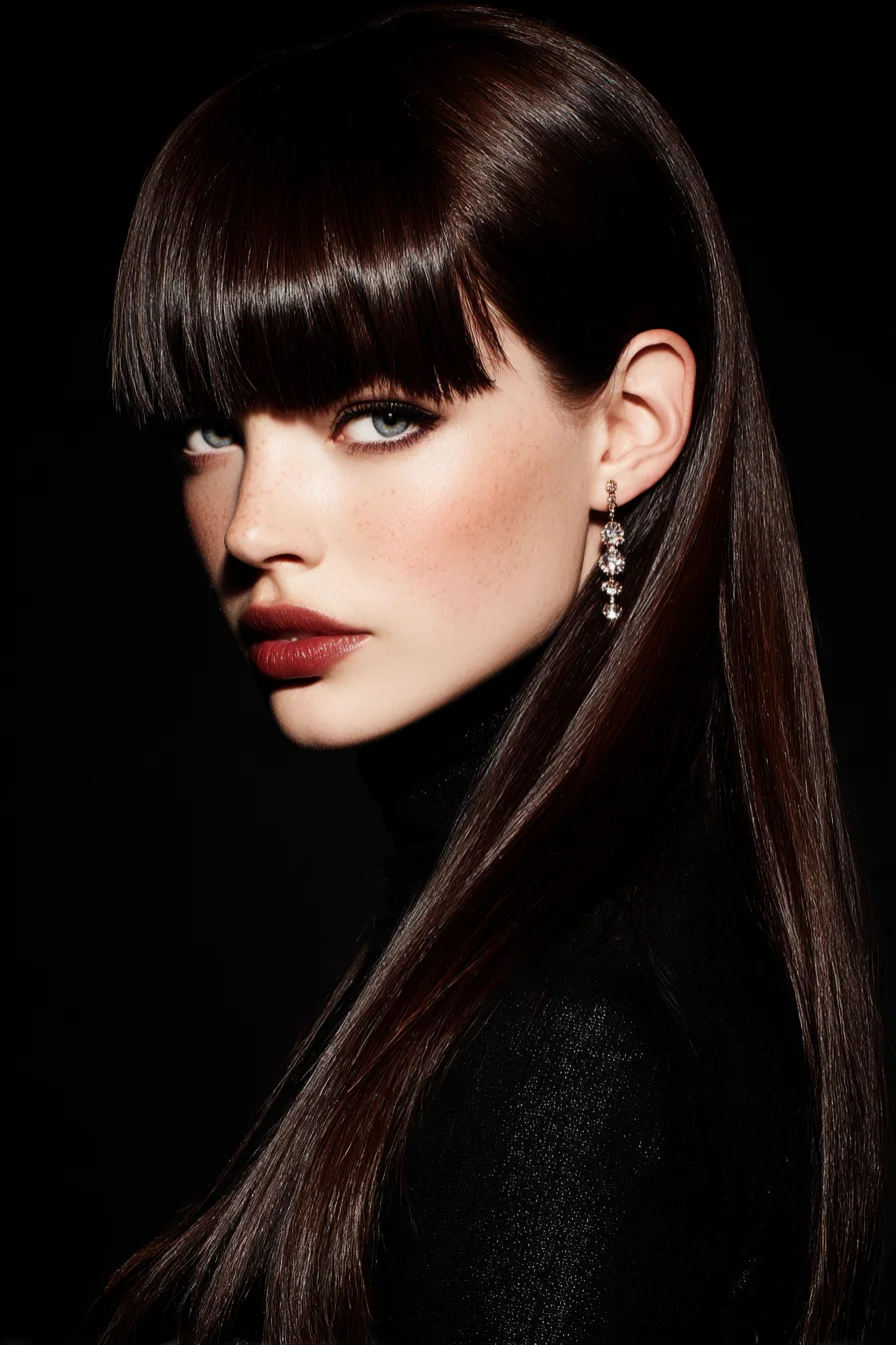 Sleek Long Hair with Blunt Fringe — Glossy Straight One-Length Cut