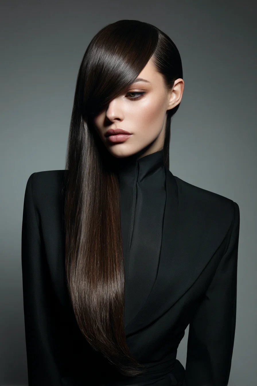 Sleek Long Hair with Deep Side Part and Side‑Swept Fringe