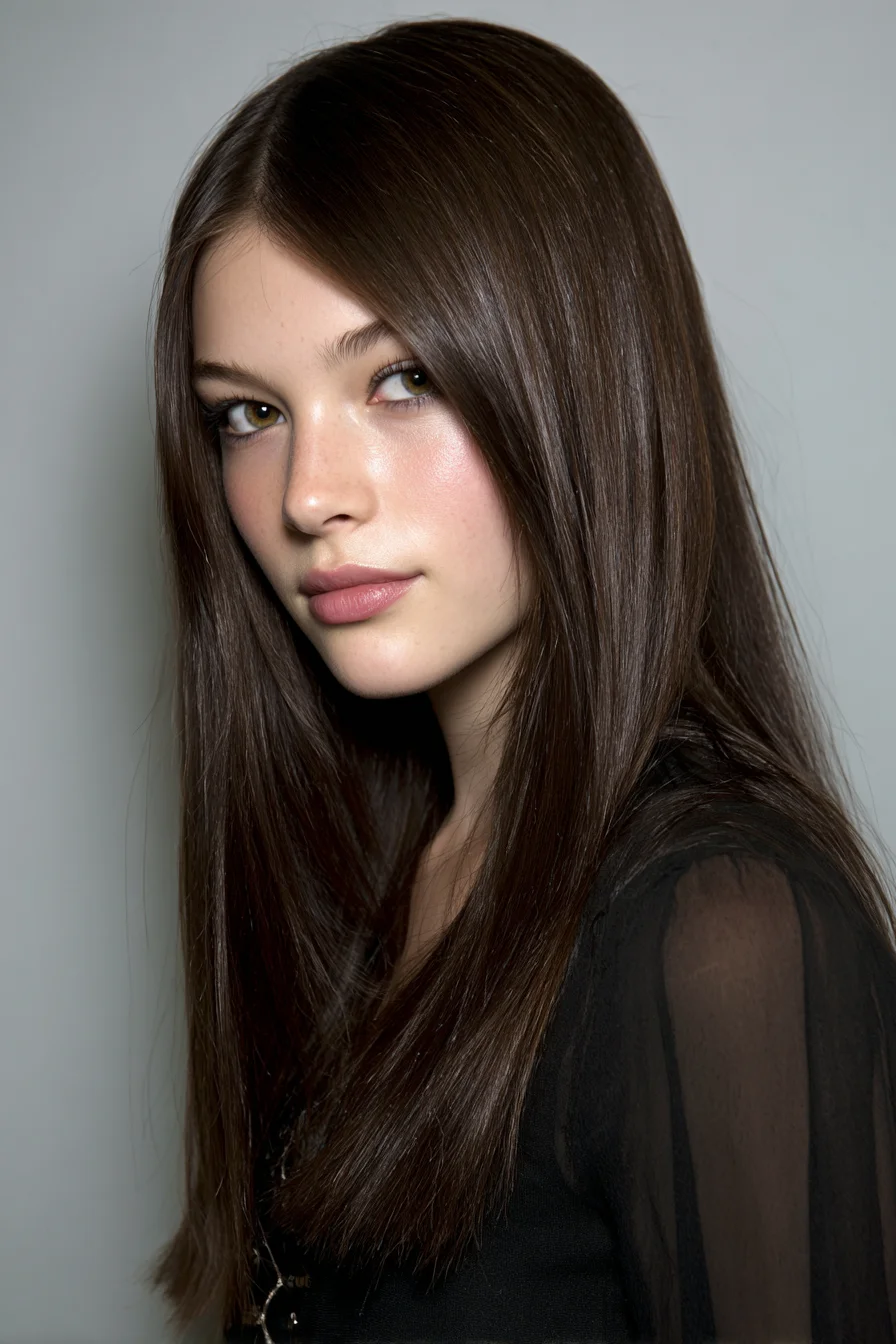 Sleek Long Layered Cut with Center Part and Glossy Finish