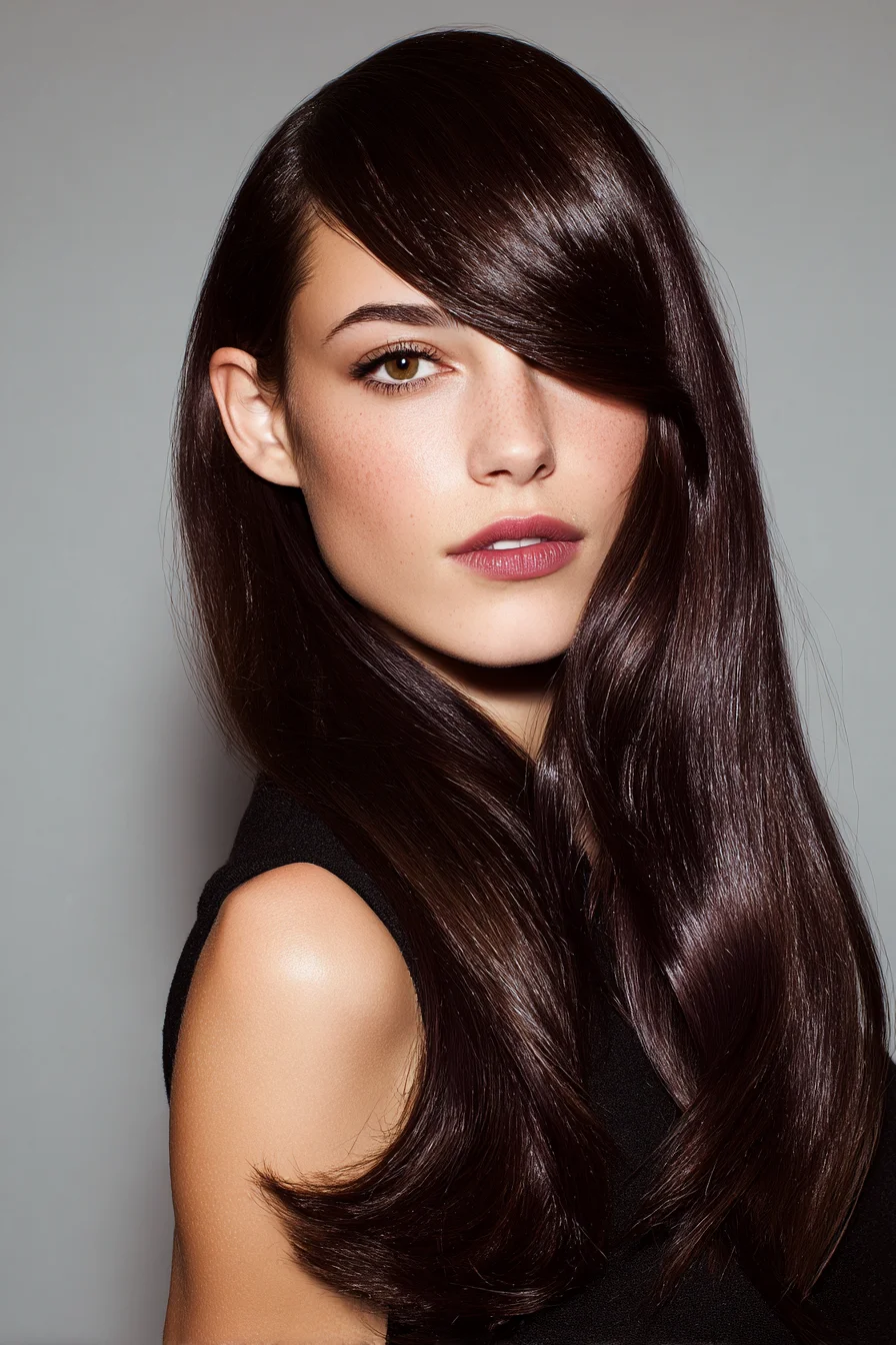 Sleek Long Layers with Deep Side-Swept Fringe — Glossy Smooth Finish