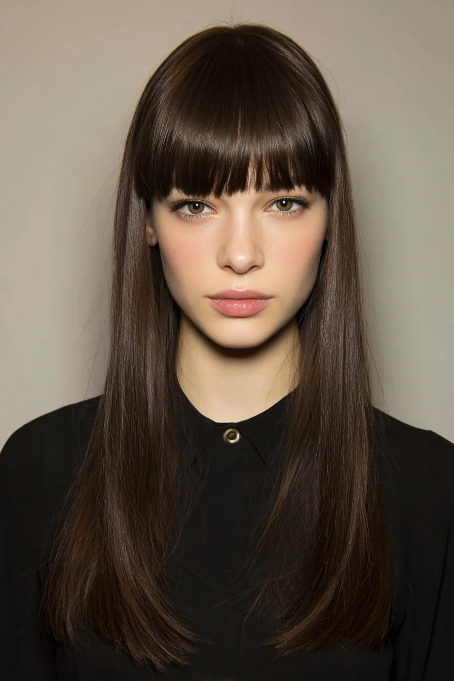 Sleek Long Straight Cut with Blunt Fringe (Full Bangs)