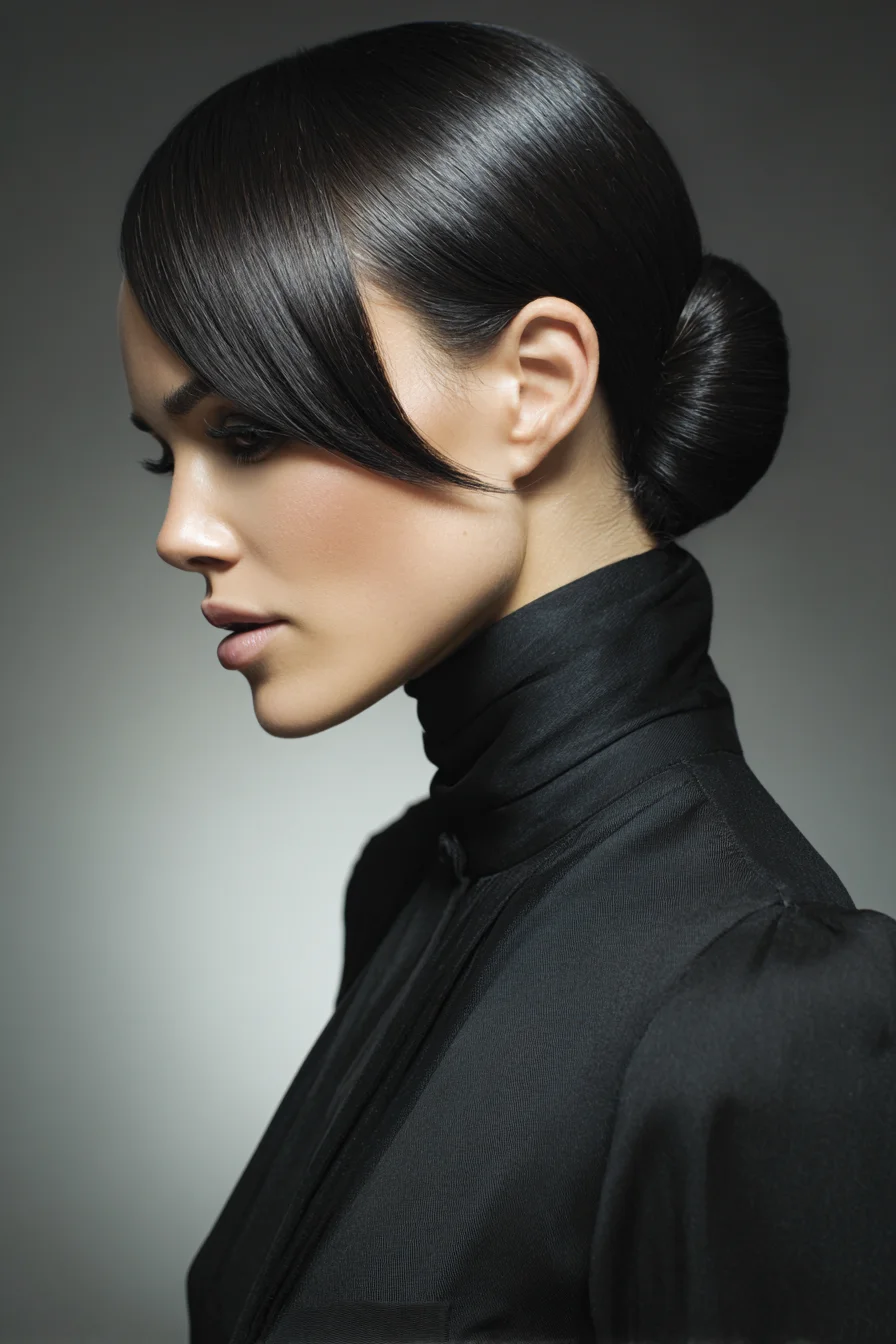 Sleek Low Bun with Side‑Swept Fringe