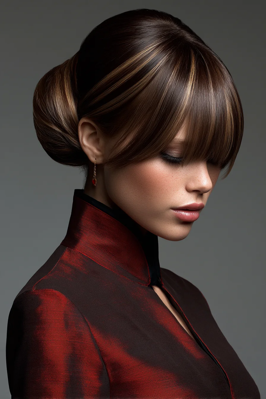 Sleek Low Chignon with Blunt Fringe & Subtle Highlights