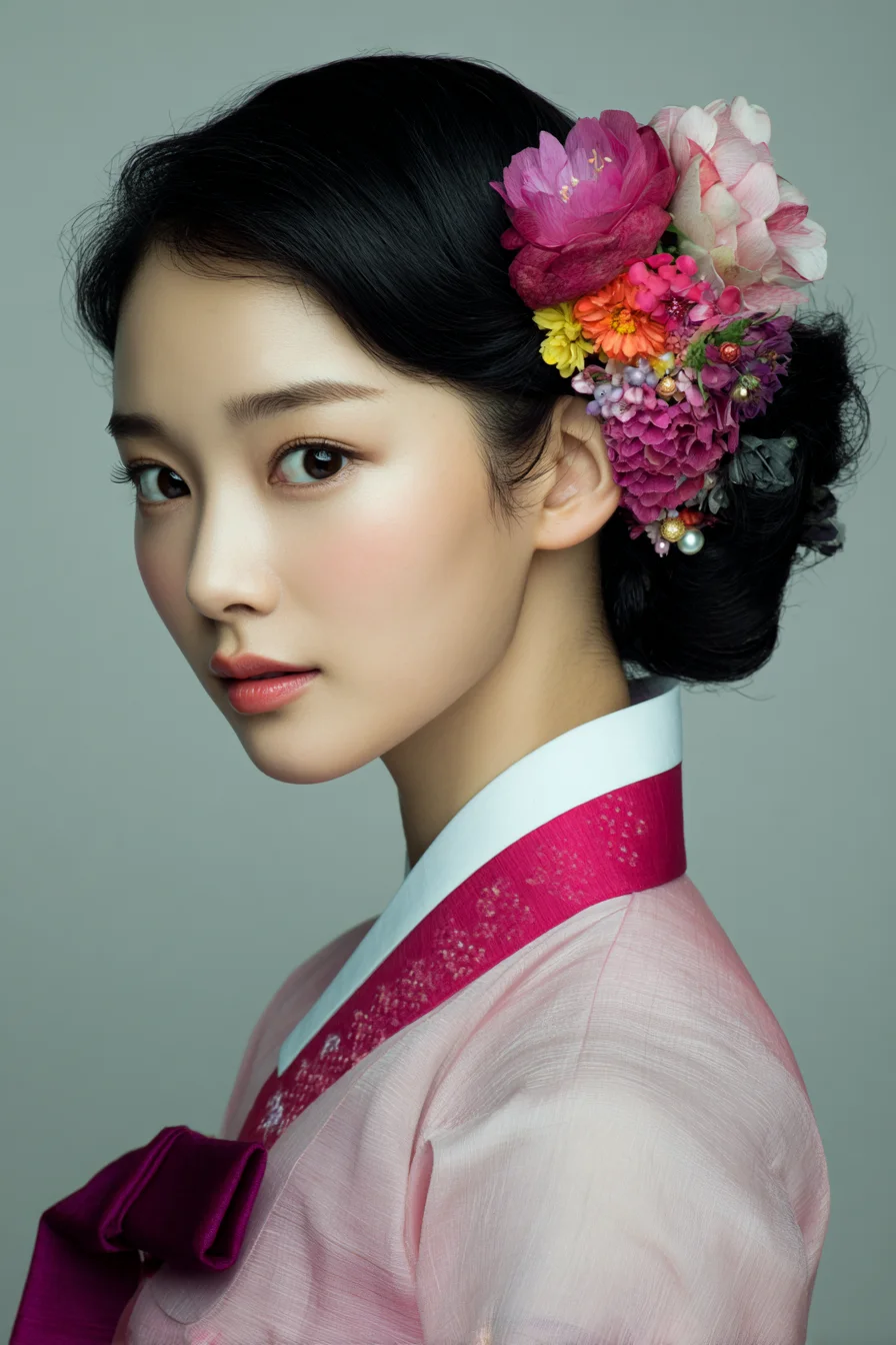 Sleek Low Chignon with Floral Accent — Side‑Part Bridal Updo