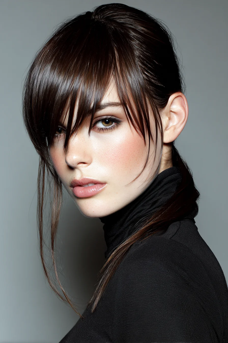 Sleek Low Ponytail with Long Side‑Swept Curtain Bangs