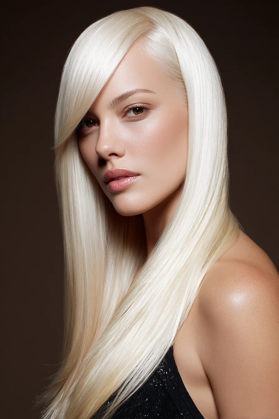 Sleek Platinum Straight Long Cut with Side‑Swept Fringe