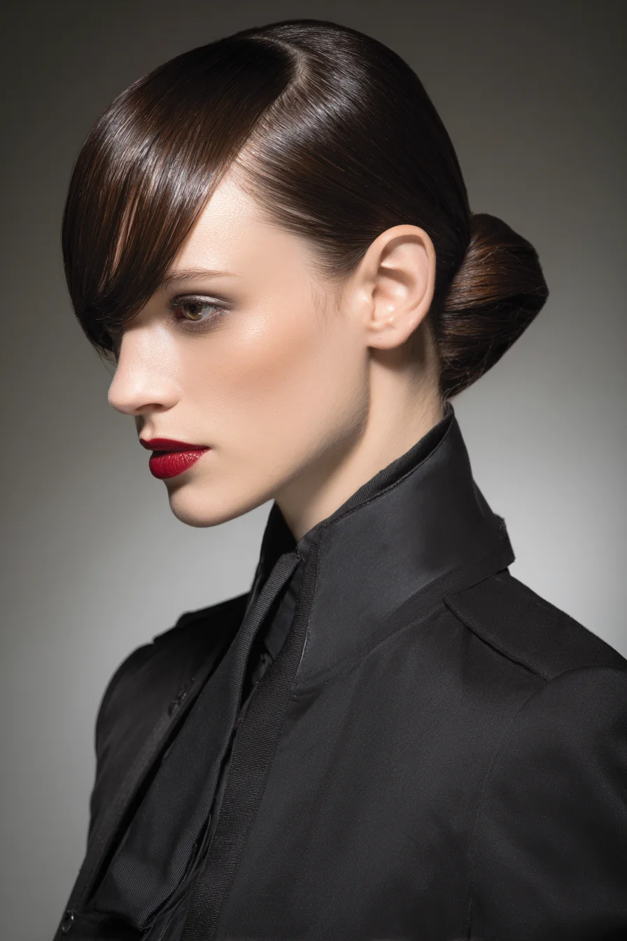 Sleek Side-Swept Fringe with Low Twisted Bun — Smooth Formal Updo