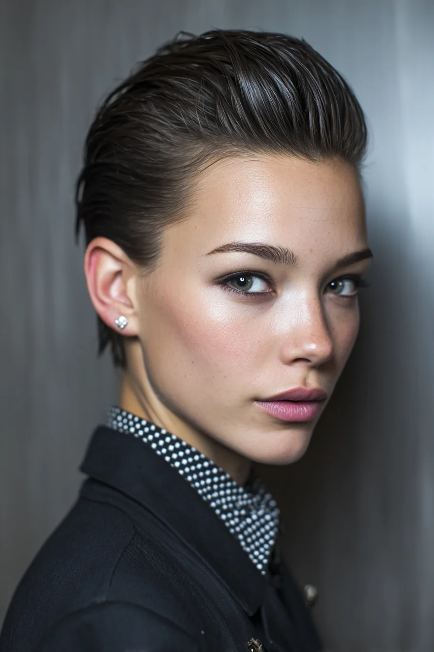 Sleek Slicked-Back Short Pixie — Wet-Look Tapered Back & Sides