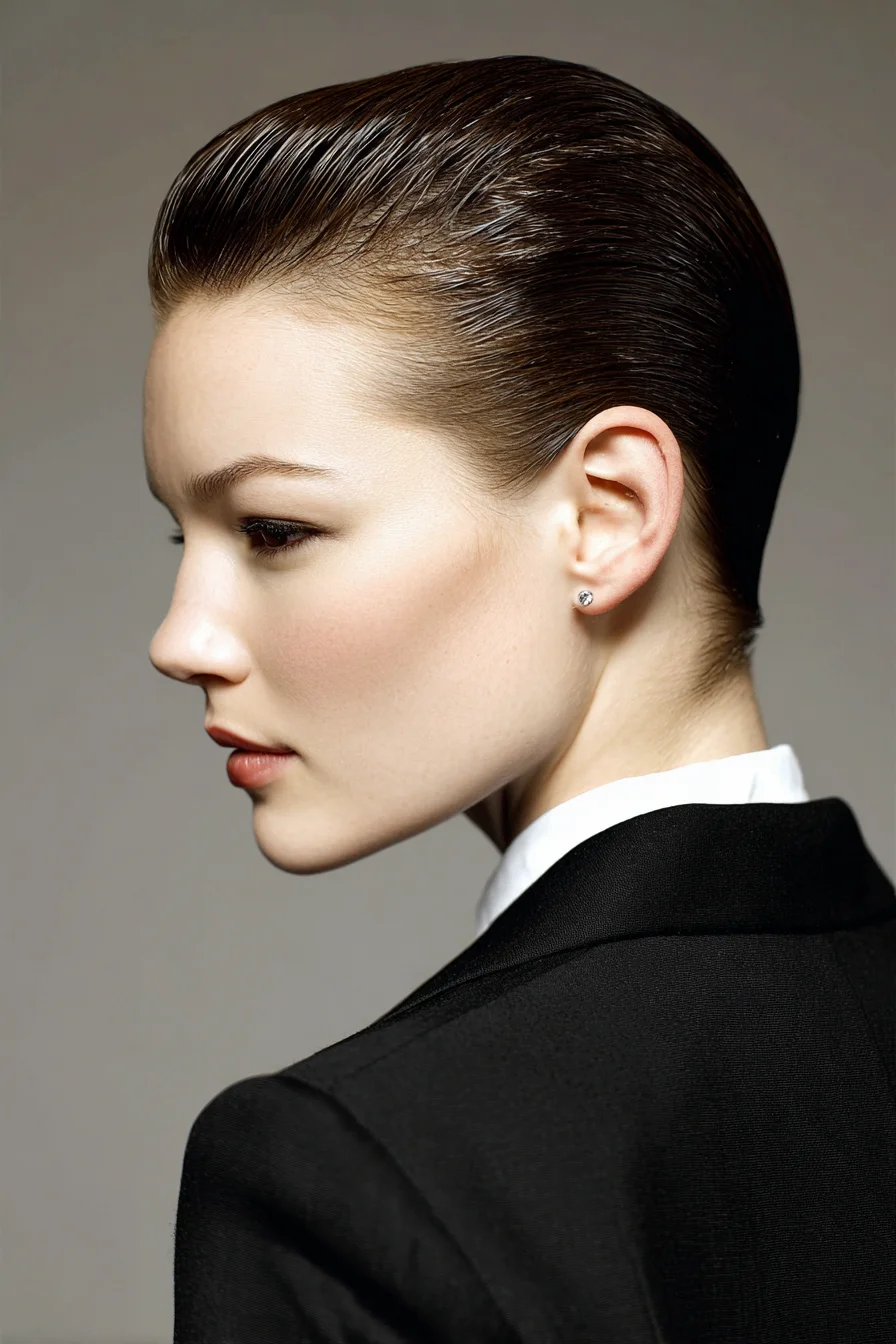 Sleek Slicked-Back Wet-Look Hairstyle for Medium to Long Hair