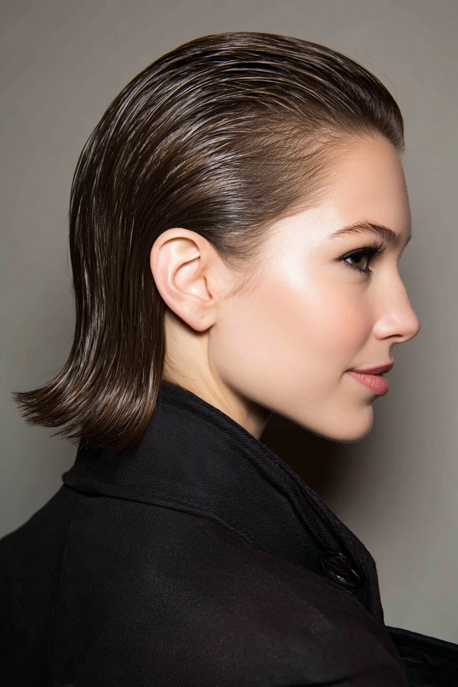 Sleek Wet-Look Short Bob — Slicked-Back Top with Flared Ends