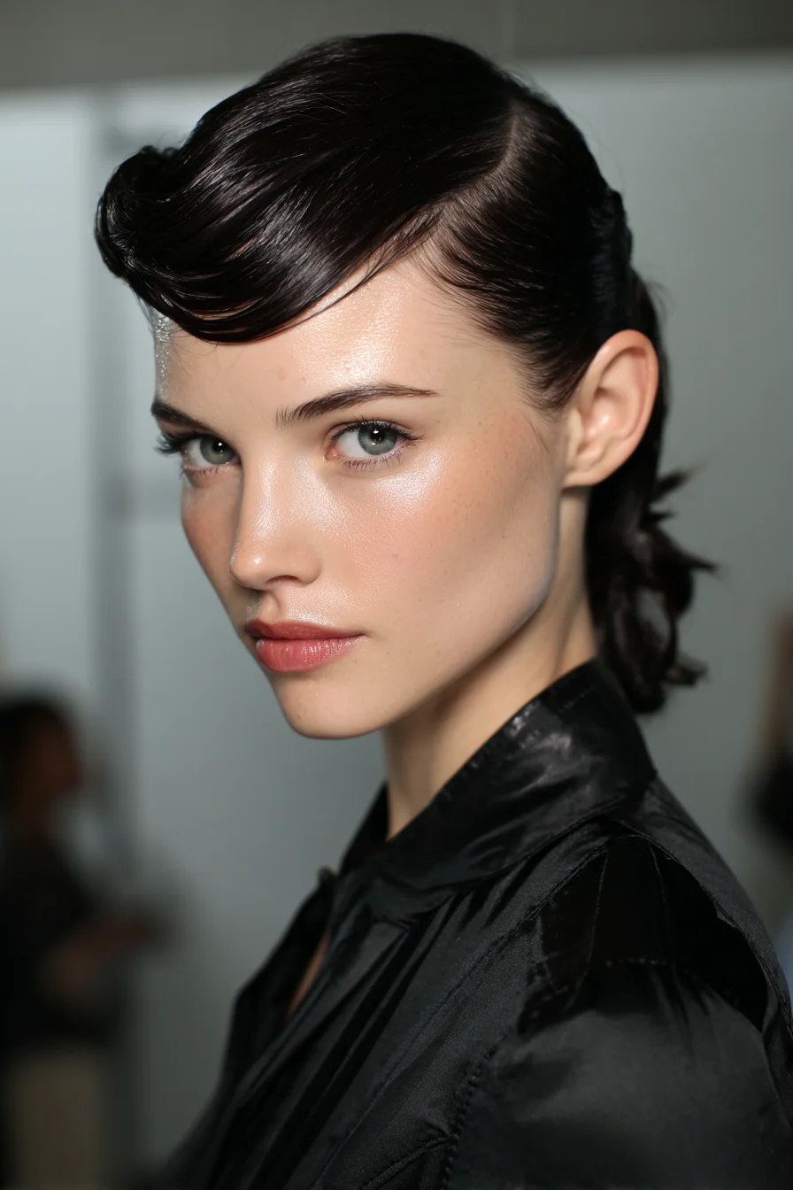 Sleek Wet‑Look Side‑Swept Finger Wave with Low Textured Ponytail