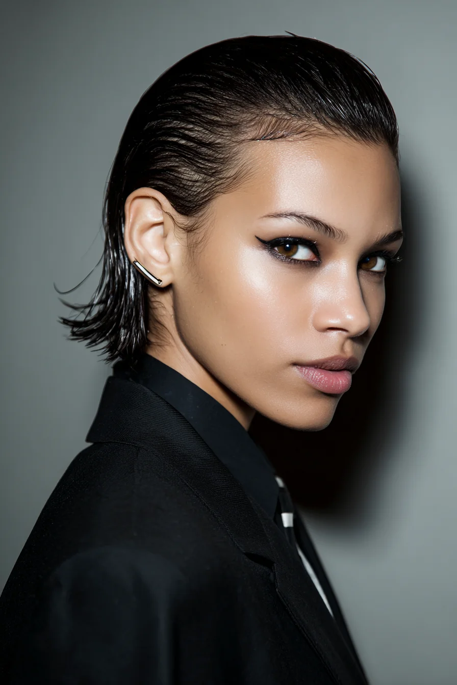 Sleek Wet-Look Slicked-Back Short Bob