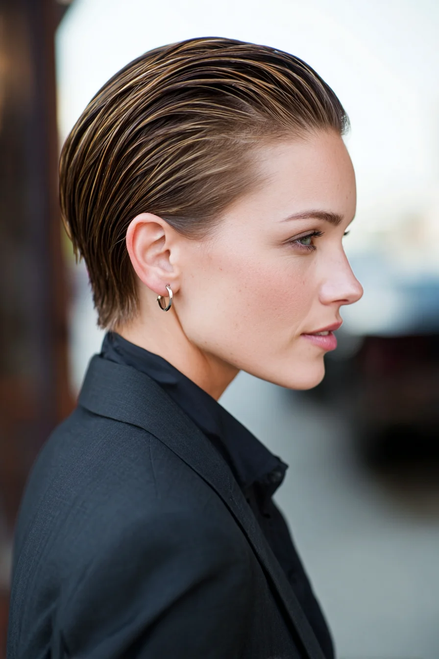 Slicked-Back Short Pixie Bob — Sleek Wet-Look Styling