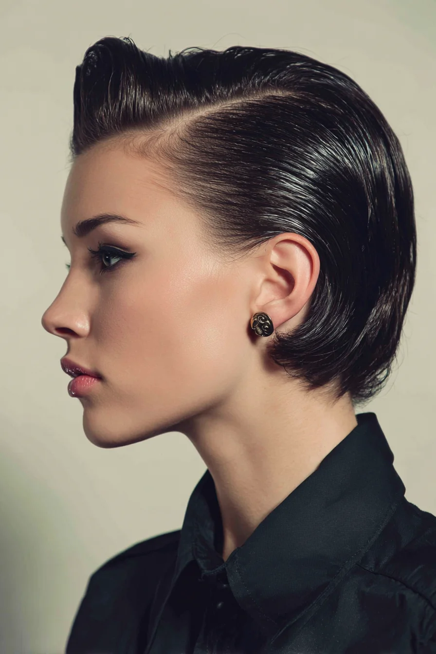 Slicked-Back Short Pixie with Deep Side Part — Wet-Look Finish