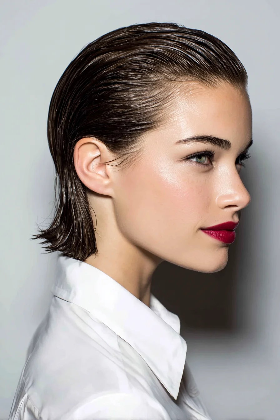 Slicked-Back Wet Look Short Bob — Sleek Textured Short Hairstyle