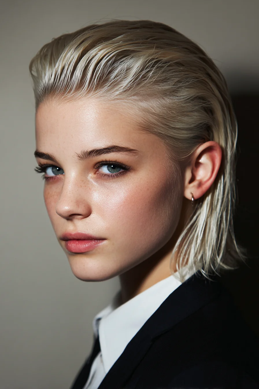 Slicked-Back Wet-Look Short Bob — Textured Platinum Style