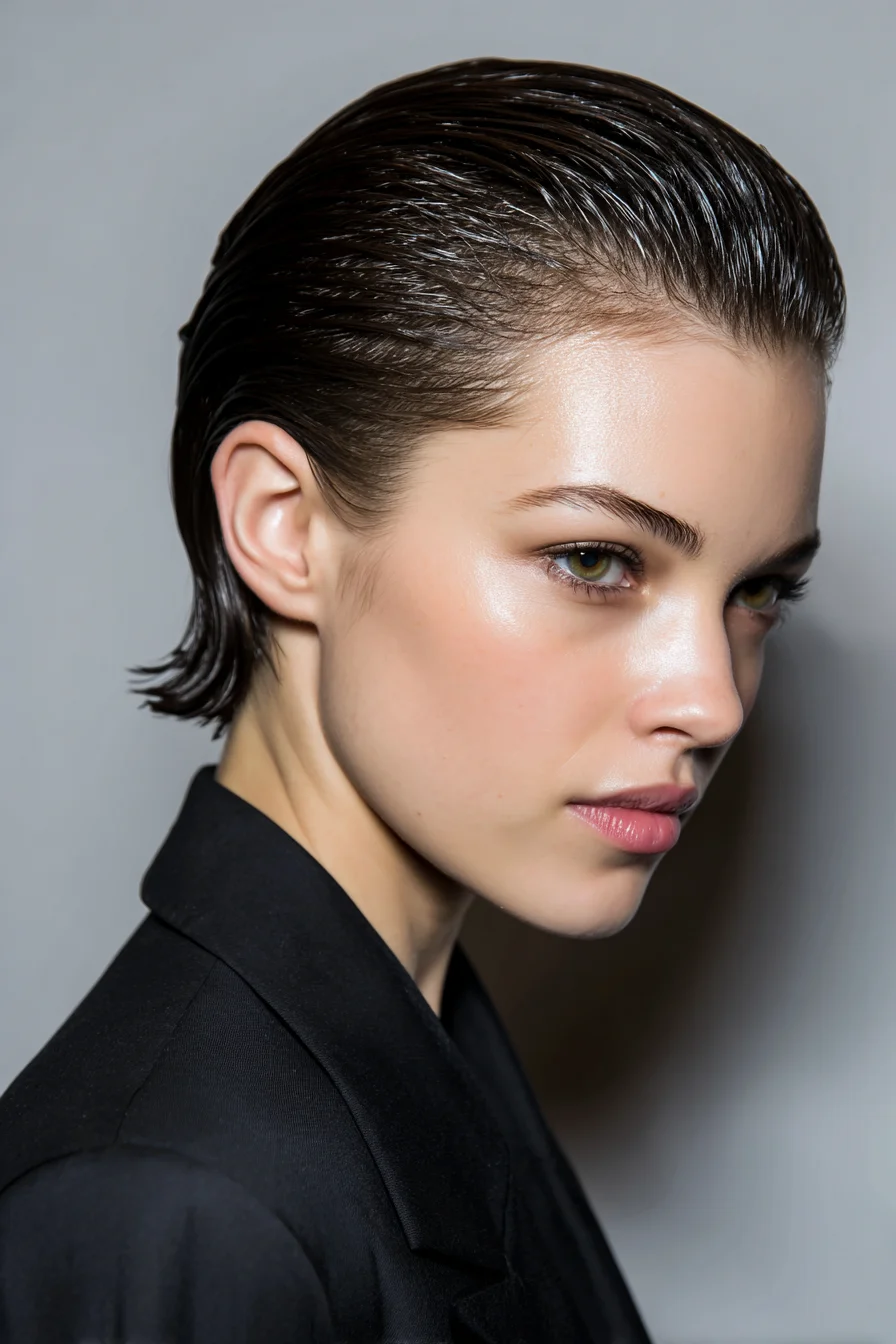 Slicked-Back Wet-Look Short Crop with Tucked Ends