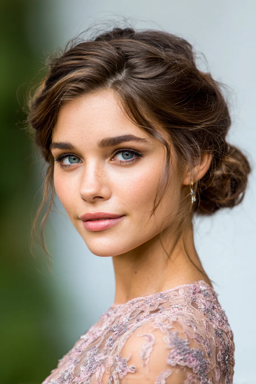 Soft Romantic Low Bun with Face‑Framing Loose Waves