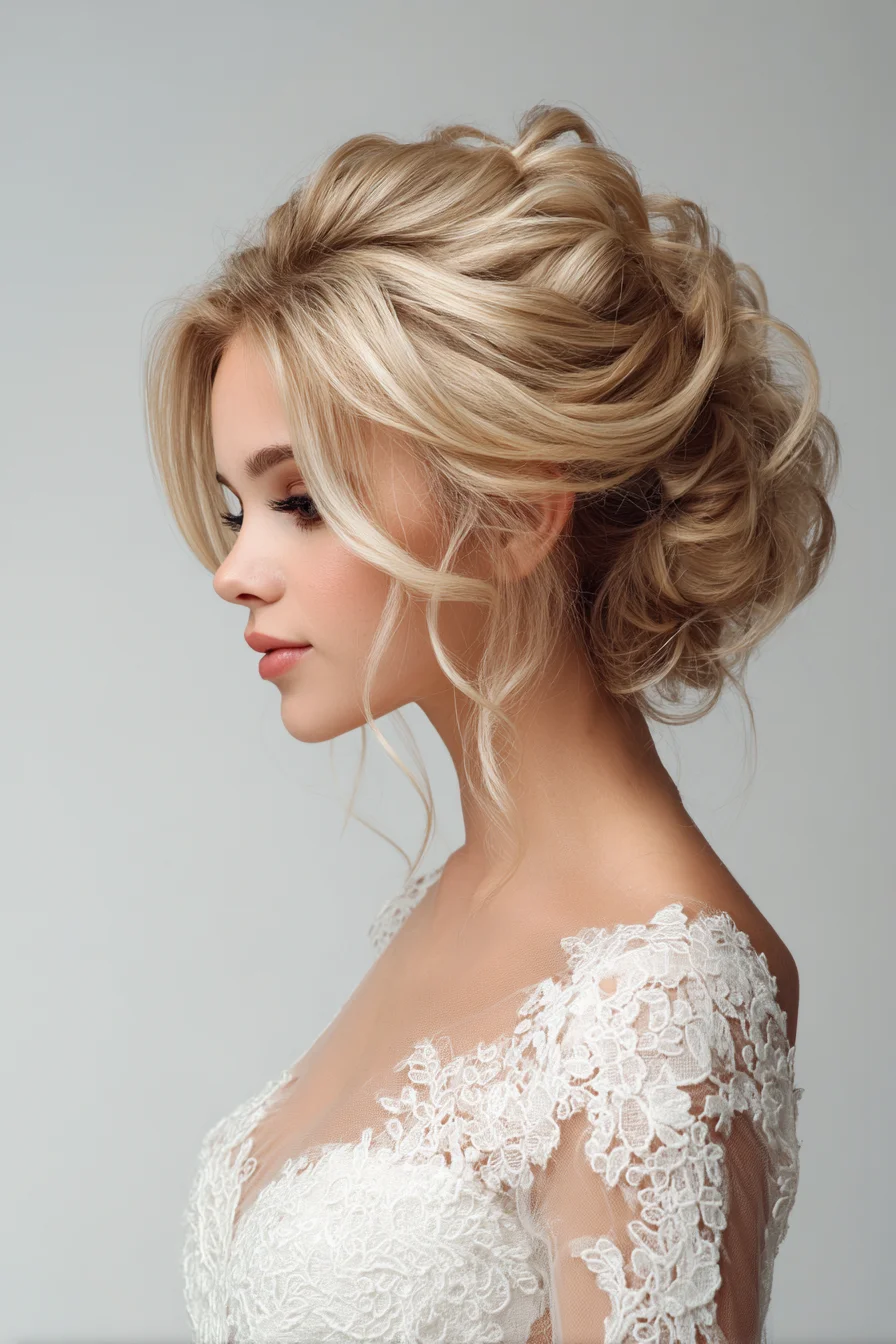 Soft Romantic Textured Low Updo with Face‑Framing Tendrils