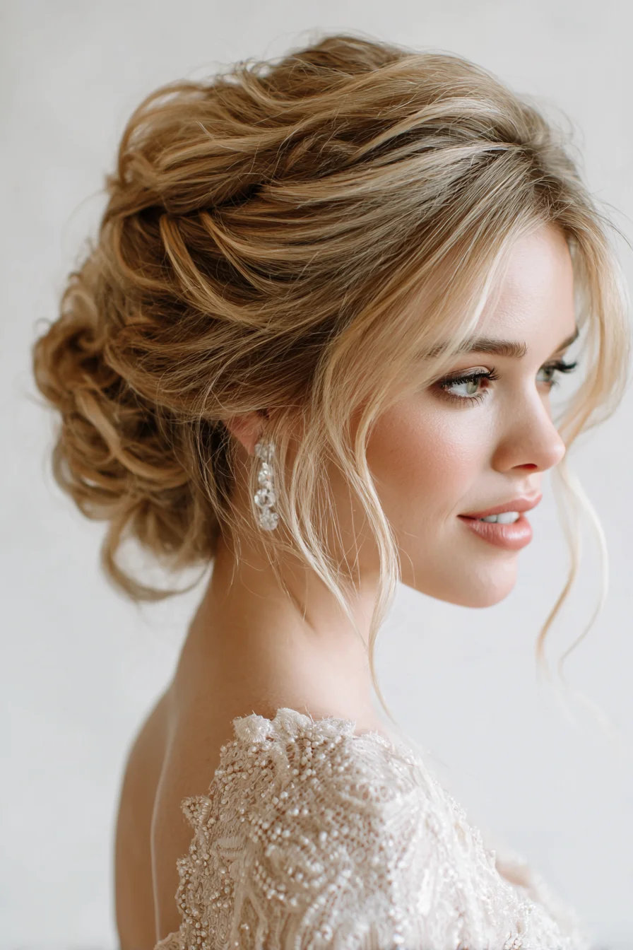 Soft Textured Low Chignon with Face-Framing Tendrils