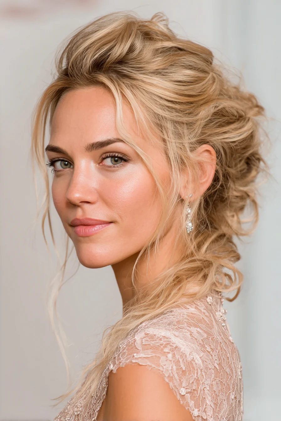 Soft Textured Romantic Updo with Face‑Framing Tendrils