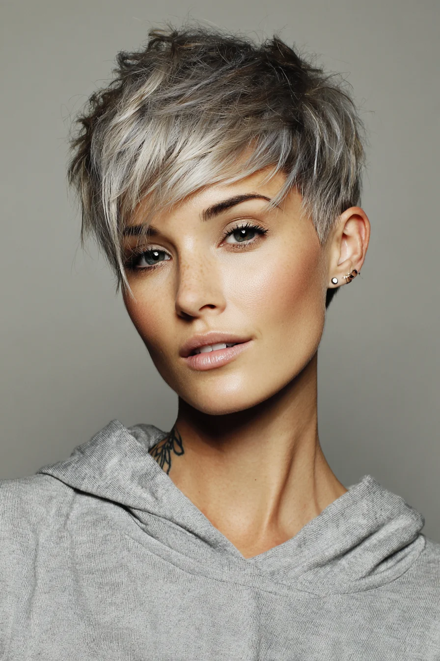 Textured Ash-Blonde Pixie Cut with Long Side Fringe