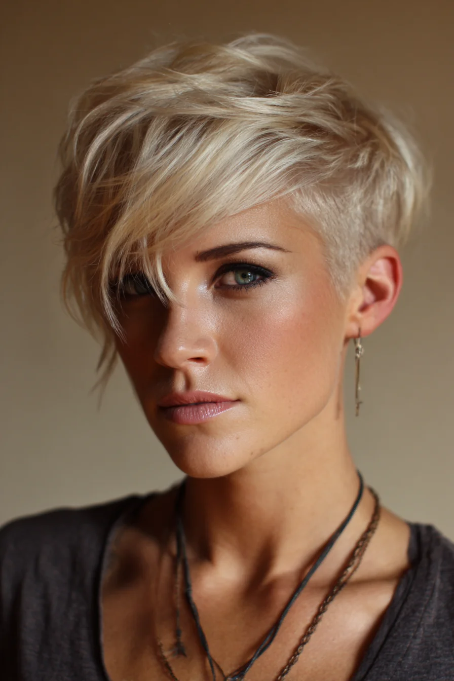Textured Asymmetric Blonde Pixie with Long Side Fringe