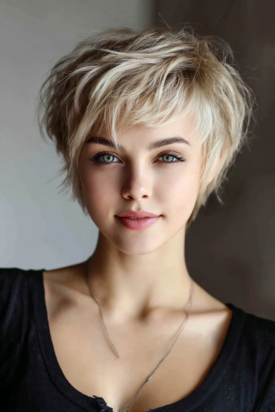 Textured Blonde Pixie Cut with Choppy Layers and Soft Fringe