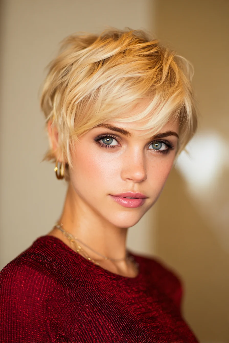 Textured Blonde Pixie Cut with Side‑Swept Fringe