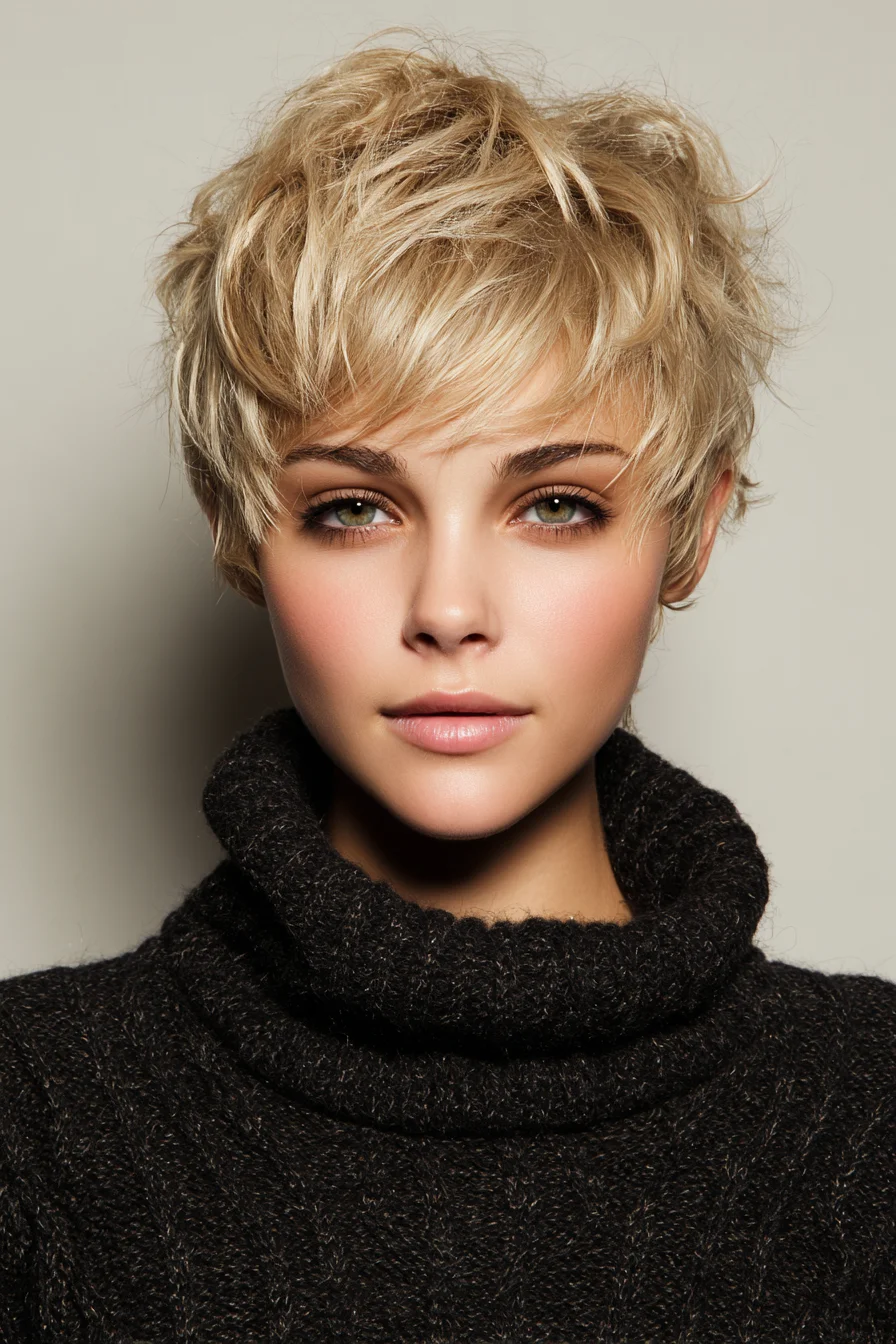 Textured Blonde Pixie Cut with Soft Side-Swept Fringe