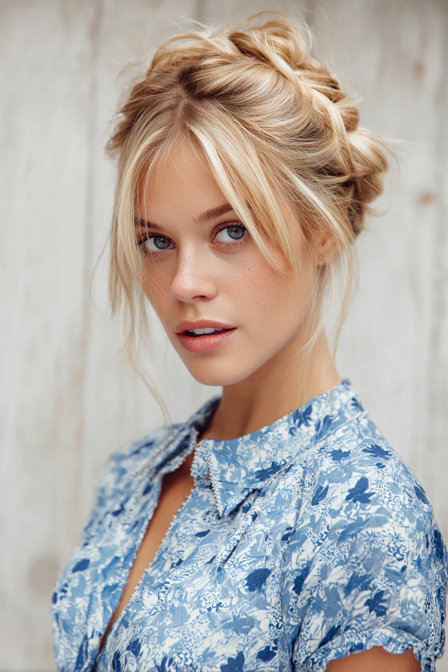 Textured Braided Crown Updo with Face‑Framing Curtain Bangs