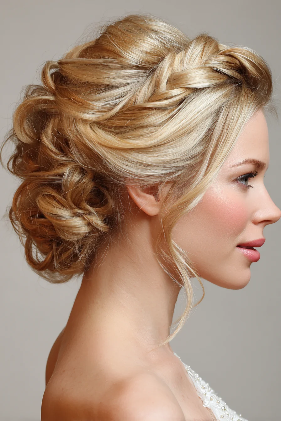 Textured Braided Crown Updo with Low Twisted Bun — Romantic Bridal Updo