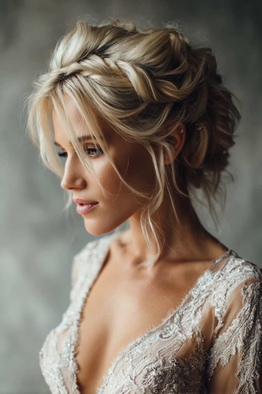 Textured Braided Low Updo with Face‑Framing Tendrils