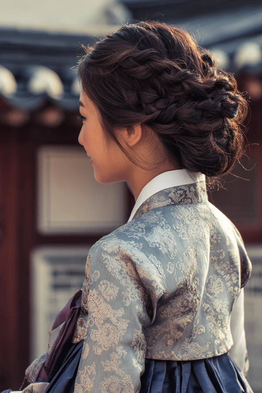 Textured Braided Low Updo with Side Crown Braids
